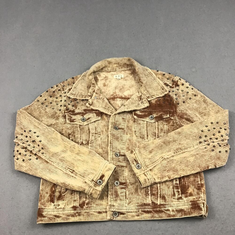 POL Jacket Women Large Beige Corduroy Studded Collared Pockets Button L